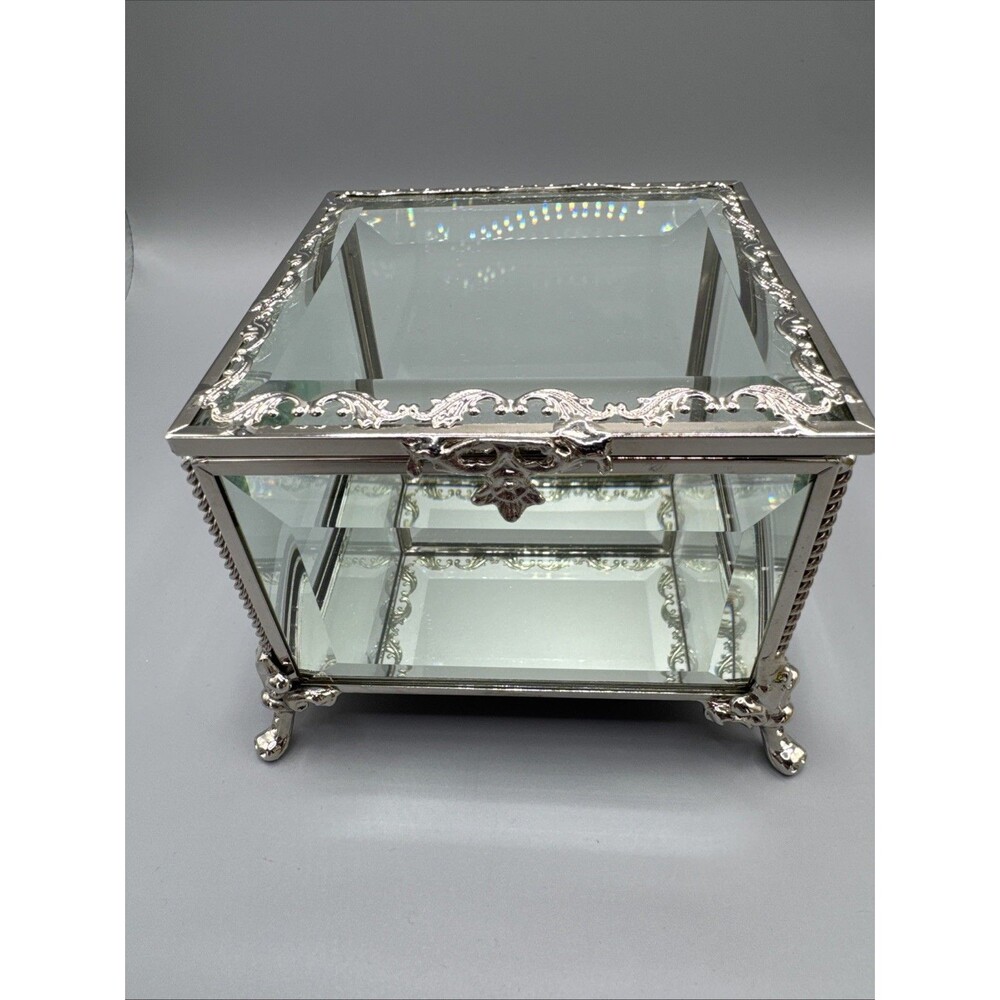 Cynthia Rowley Beveled Glass Jewelry Box Silver Trinket Keepsake Box 3.5x4x4.25